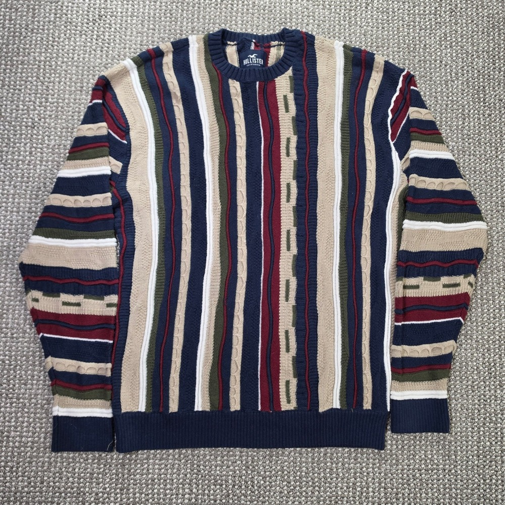 Hollister Sweater Mens Large Vertical Stripe 3D Knit Crewneck Multi Color Y2k
